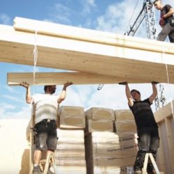 Drei Mitarbeiter sind mitten in der Montage von mehreren Holzbalken.