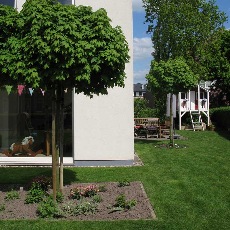 Ein charmantes Einfamilienhaus von Wohnbehagen mit einem Garten und einem kleinen weißen Baumhaus.